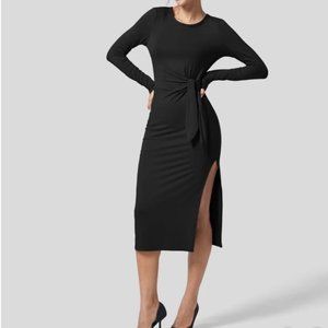 Halara Round Neck Long Sleeve Lace Up Split Body-con Midi Casual Dress in Black